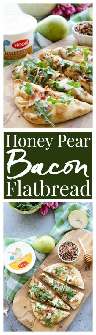 This Honey Pear Pecan Bacon Flatbread is the perfect light lunch, snack, or appetizer and just the slightest bit sweet! via @sugarandsoulco