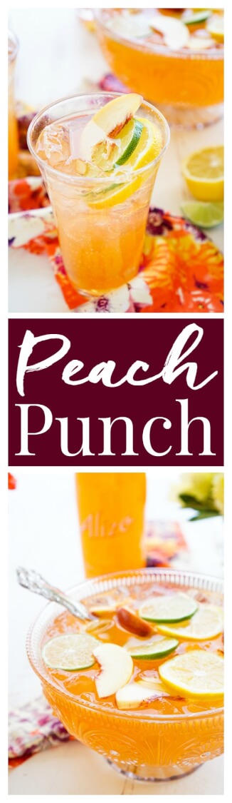 This Spiked Peach Punch is the perfect big batch cocktail for summer! Smooth Alizé Peach vodka blends with white rum, lime juice, and ginger ale for a refreshing and vibrant warm weather beverage! via @sugarandsoulco