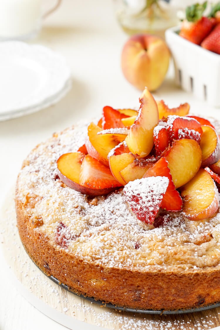 This Strawberry & Peach Coffee Cake is a mix of ripe fruit and sweet cake that's sure to add a pop of flavor to the breakfast table! 