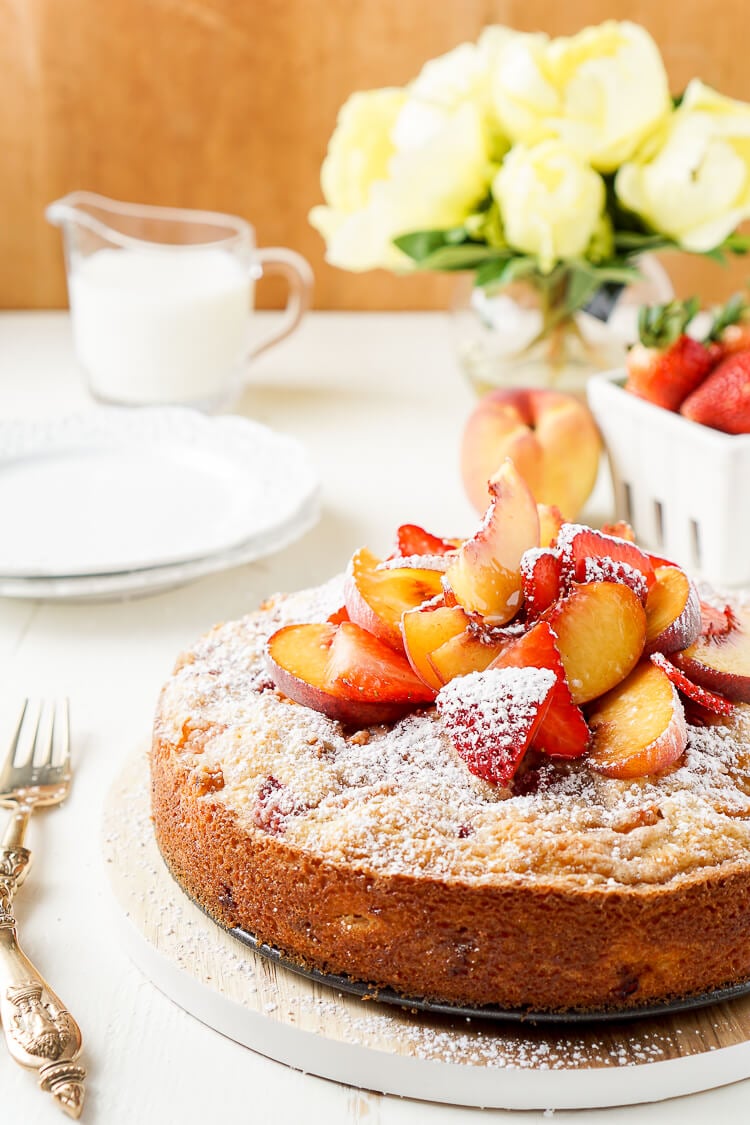 This Strawberry & Peach Coffee Cake is a mix of ripe fruit and sweet cake that's sure to add a pop of flavor to the breakfast table! 