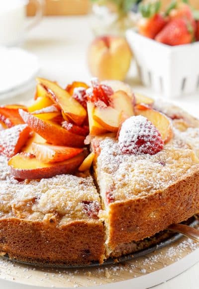 This Strawberry & Peach Coffee Cake is a mix of ripe fruit and sweet cake that's sure to add a pop of flavor to the breakfast table!