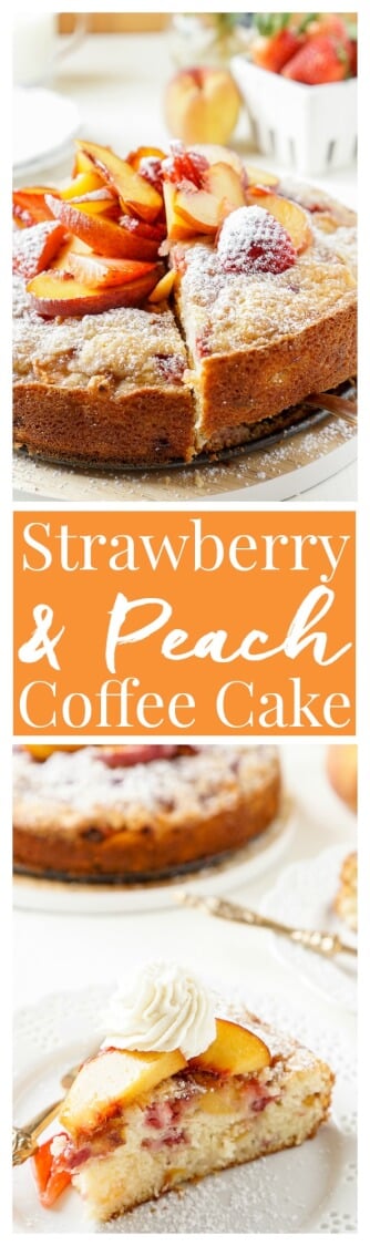 This Strawberry & Peach Coffee Cake is a mix of ripe fruit and sweet cake that's sure to add a pop of flavor to the breakfast table! via @sugarandsoulco