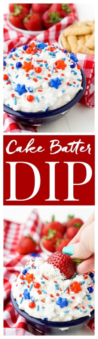 This Cake Batter Dip is made with just 4 ingredients and is ready in just 5 minutes! Change the sprinkles colors to customize it for any occasion like birthdays, graduations, the 4th of July! via @sugarandsoulco