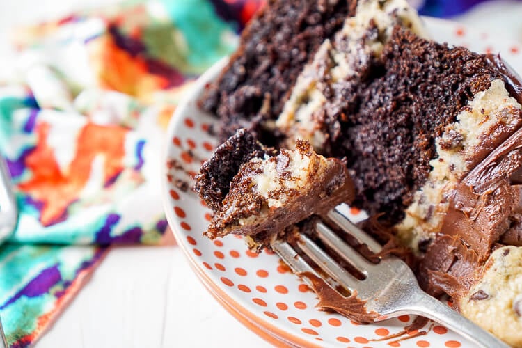 This Chocolate Chip Cookie Dough Cake is made with two layers of delicious chocolate cake and two layers of edible cookie dough then topped with ganache, frosting and mini chocolate chip cookies!