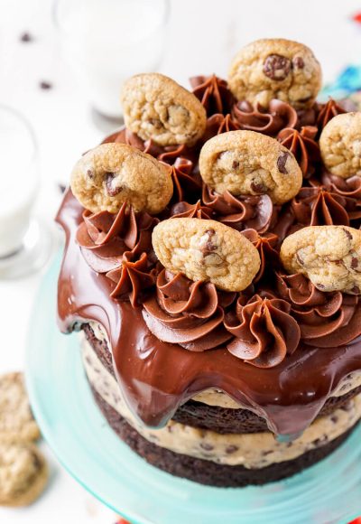 Close up photo of chocolate chip cookie dough cake