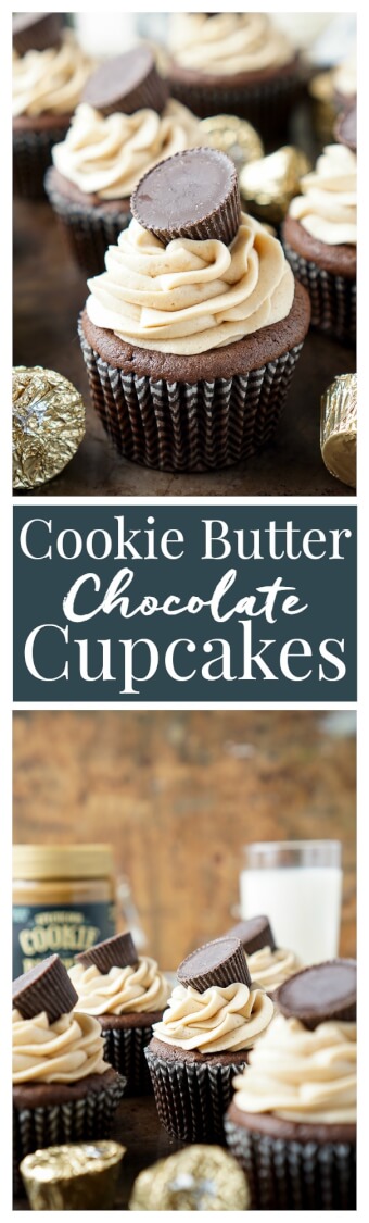 These Cookie Butter Chocolate Cupcakes are rich, sweet, and easy to make! An adapted cake box mix makes up the moist cupcakes and then they're topped with a silky smooth cookie butter frosting and a cookie butter cup! via @sugarandsoulco