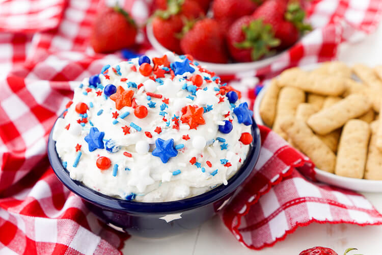 This Cake Batter Dip is made with just 4 ingredients and is ready in just 5 minutes! Change the sprinkles colors to customize it for any occasion like birthdays, graduations, the 4th of July!