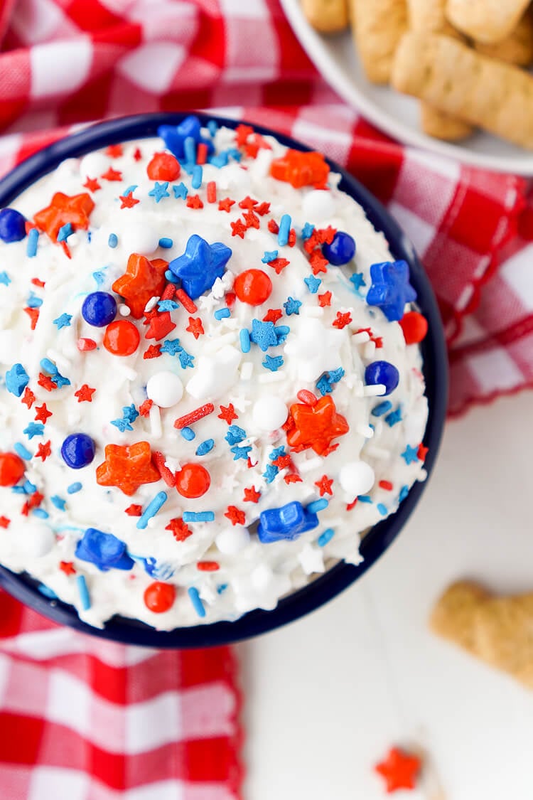 This Cake Batter Dip is made with just 4 ingredients and is ready in just 5 minutes! Change the sprinkles colors to customize it for any occasion like birthdays, graduations, the 4th of July!