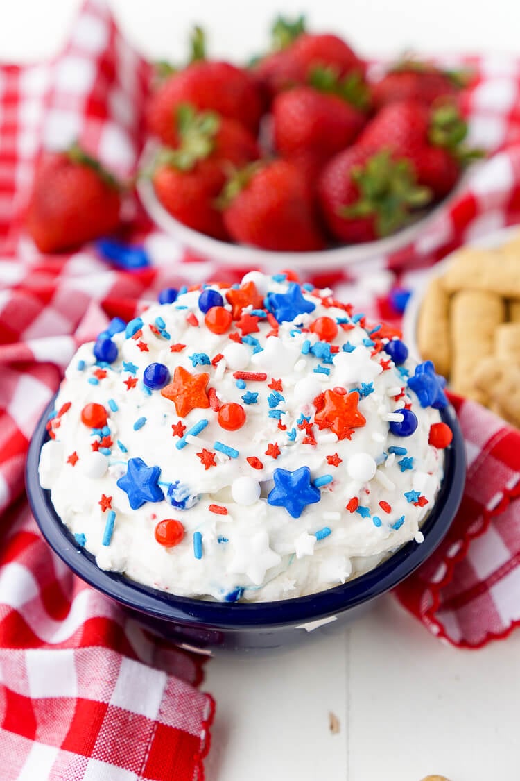 This Cake Batter Dip is made with just 4 ingredients and is ready in just 5 minutes! Change the sprinkles colors to customize it for any occasion like birthdays, graduations, the 4th of July!