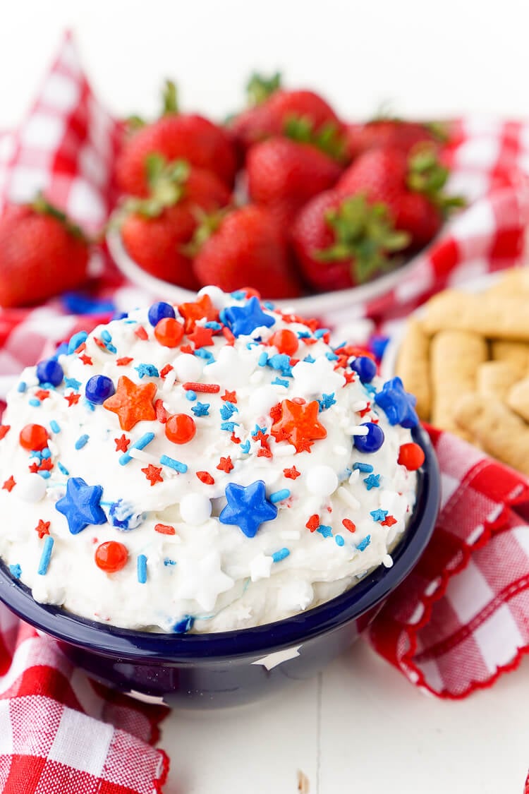 This Cake Batter Dip is made with just 4 ingredients and is ready in just 5 minutes! Change the sprinkles colors to customize it for any occasion like birthdays, graduations, the 4th of July!