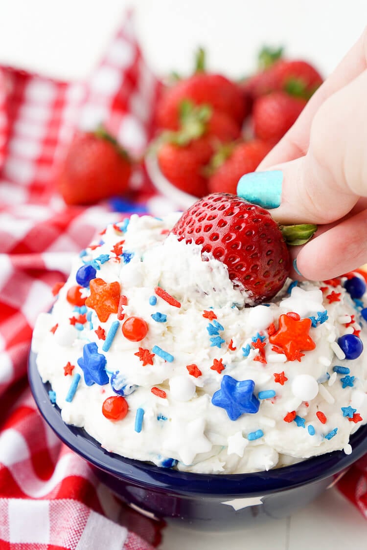 This Cake Batter Dip is made with just 4 ingredients and is ready in just 5 minutes! Change the sprinkles colors to customize it for any occasion like birthdays, graduations, the 4th of July!