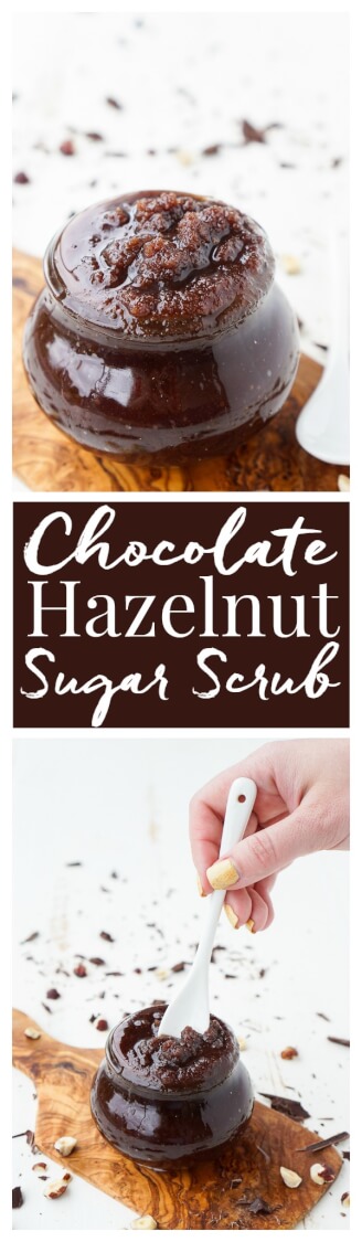 This Chocolate Hazelnut Sugar Scrub is the most decadent DIY beauty product you will ever try! It smells like brownie batter! via @sugarandsoulco