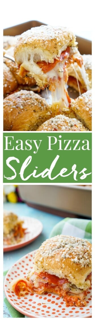 These Easy Pizza Sliders are so simple to make and are sure to be a family favorite! Layers of sauce, mozzarella, bacon, and pepperoni are baked in soft dinner rolls coated in butter, herbs, and Parmesan!