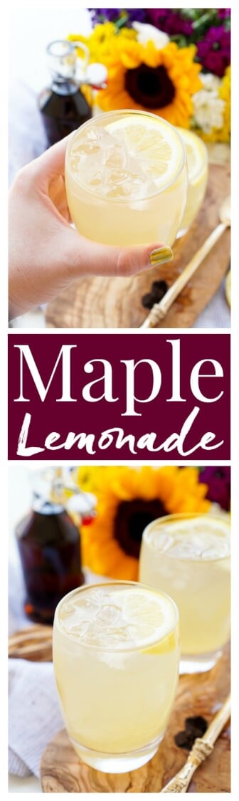 This Maple Lemonade is inspired by Maine and made with just lemon juice, maple syrup, and water. It's a refreshing cold drink for summer or fall! via @sugarandsoulco