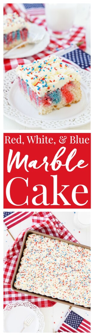 This Red, White, and Blue Marble Sheet Cake is made with an adapted cake box mix and topped with a whipped white chocolate frosting. It's the perfect patriotic dessert for the 4th of July! via @sugarandsoulco