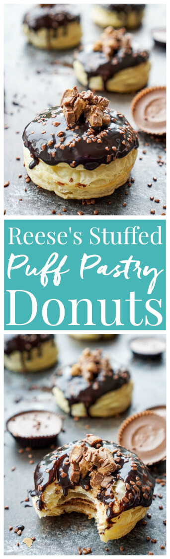 These Reese's Stuffed Puff Pastry Donuts are rich, decadent, and easy to make! Just 6 ingredients stand between you and chocolate/peanut butter bliss! via @sugarandsoulco