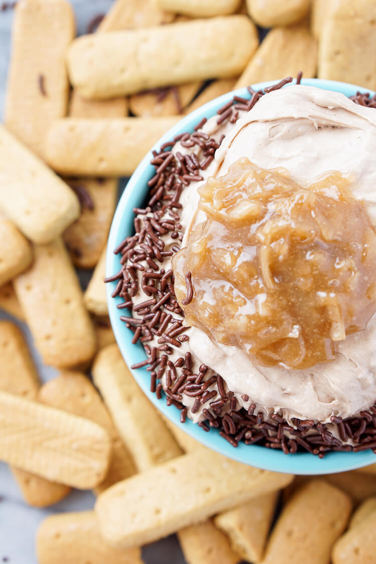 This German Chocolate Cake Batter Dip is made in less than 5 minutes with just 3 ingredients and is super addictive! You just can't beat that delicious mix of chocolate, coconut, pecans and caramel!