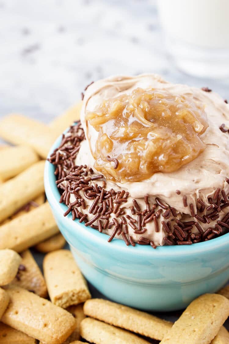 This German Chocolate Cake Batter Dip is made in less than 5 minutes with just 3 ingredients and is super addictive! You just can't beat that delicious mix of chocolate, coconut, pecans and caramel!