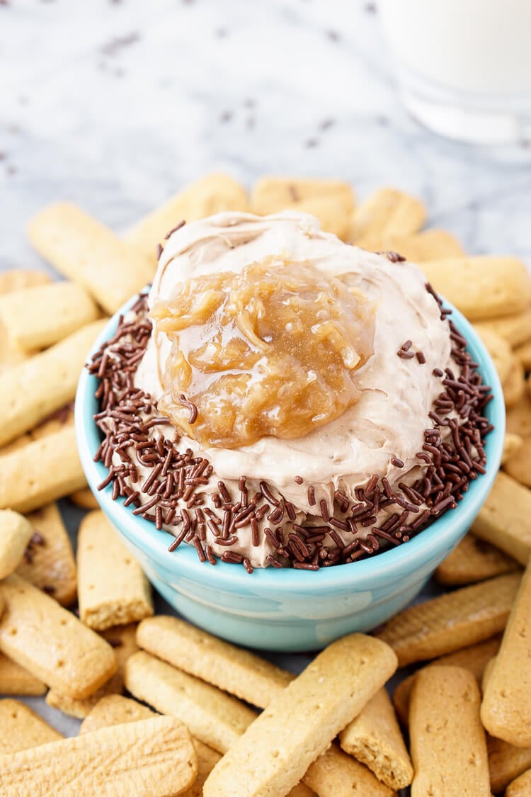 This German Chocolate Cake Batter Dip is made in less than 5 minutes with just 3 ingredients and is super addictive! You just can't beat that delicious mix of chocolate, coconut, pecans and caramel!