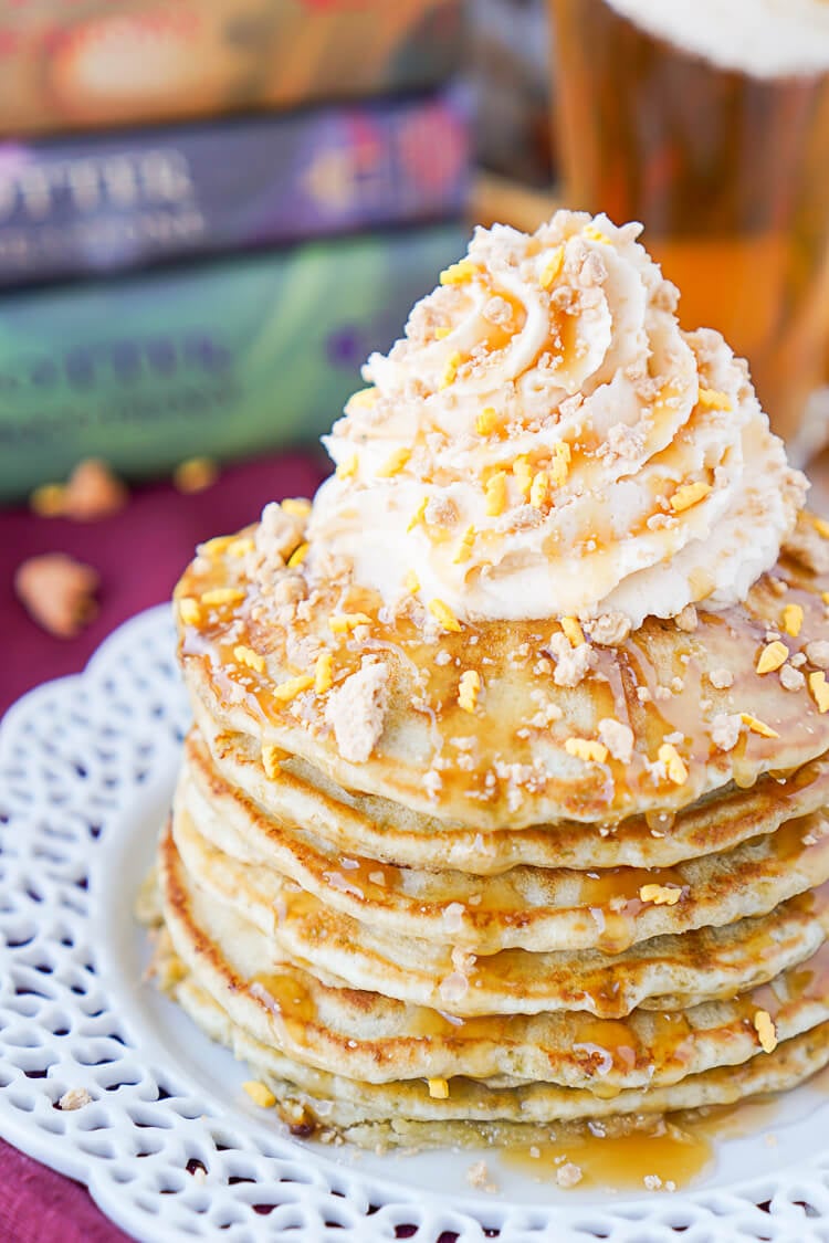 These Harry Potter Butterbeer Pancakes are loaded with caramel, butterscotch, vanilla, and butter flavor and the perfect nerdy start to your day or a great way to kick off The Chosen One’s birthday!