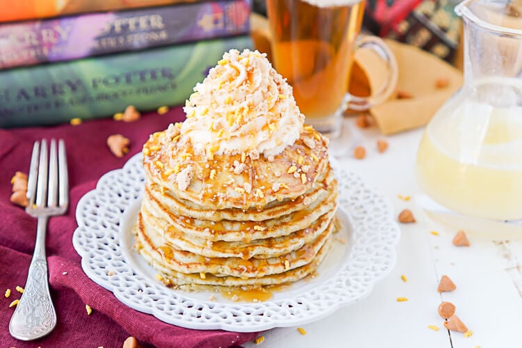 These Harry Potter Butterbeer Pancakes are loaded with caramel, butterscotch, vanilla, and butter flavor and the perfect nerdy start to your day or a great way to kick off The Chosen One’s birthday!