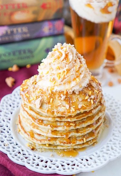 These Harry Potter Butterbeer Pancakes are loaded with caramel, butterscotch, vanilla, and butter flavor and the perfect nerdy start to your day or a great way to kick off The Chosen One’s birthday!