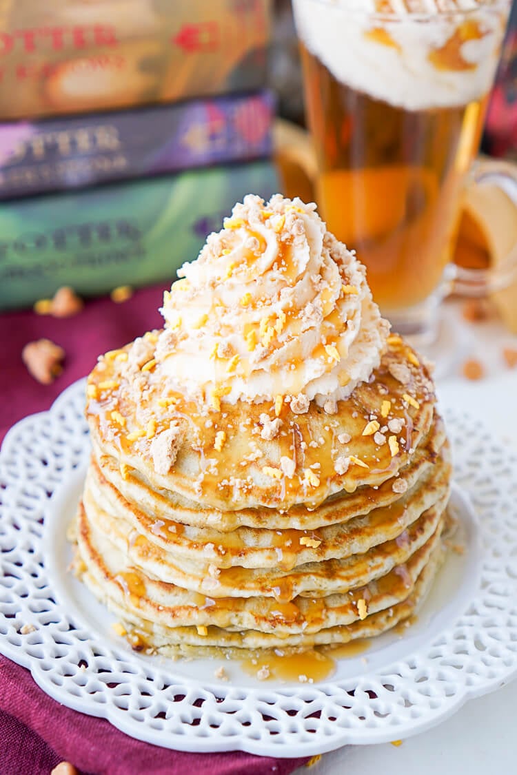 These Harry Potter Butterbeer Pancakes are loaded with caramel, butterscotch, vanilla, and butter flavor and the perfect nerdy start to your day or a great way to kick off The Chosen One’s birthday!