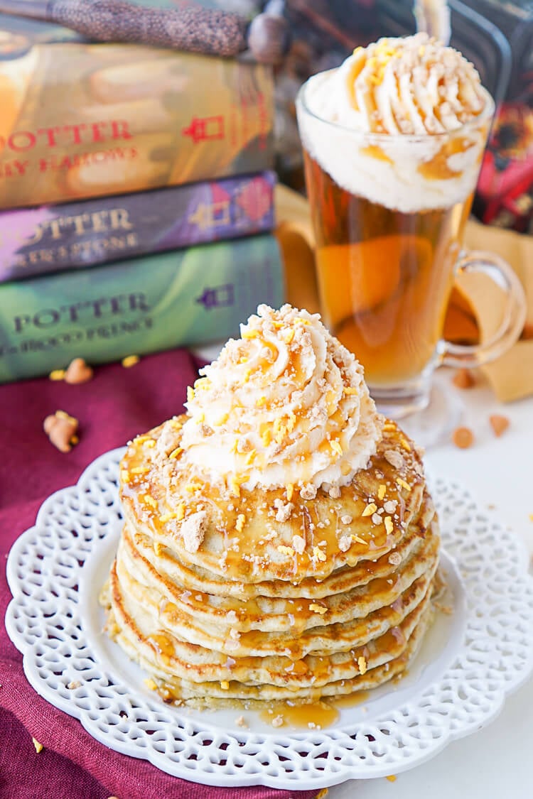 These Harry Potter Butterbeer Pancakes are loaded with caramel, butterscotch, vanilla, and butter flavor and the perfect nerdy start to your day or a great way to kick off The Chosen One’s birthday!