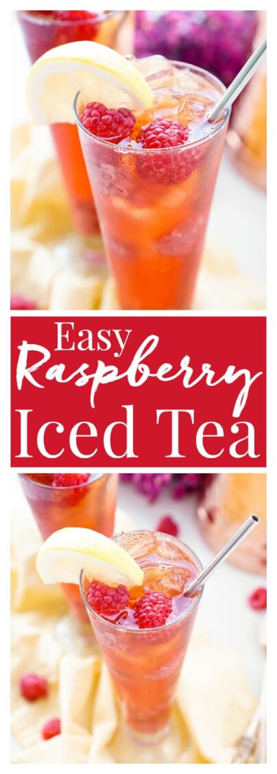 This Easy Raspberry Iced Tea recipe is a refreshingly sweet drink you'll want to sip all summer long! Made with just 4 ingredients, you can have a large party pitcher ready with only 10 minutes of work. via @sugarandsoulco
