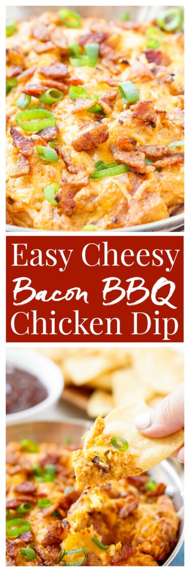 This Cheesy Bacon BBQ Chicken Dip will be the winning dish at your next game day party! Cheesy goodness loaded up with caramelized onions, crunchy bacon, shredded chicken, and tangy barbecue sauce! Only 10 minutes of prep! via @sugarandsoulco