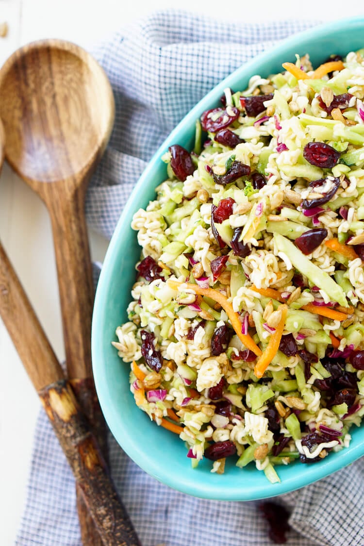 This Crunchy Ramen Noodle Salad is a light and delicious addition to your summer gatherings. No cooking required and it's ready in just 10 minutes!