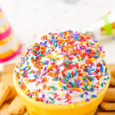 This Funfetti Birthday Cake Dip is perfect for serving up at parties or enjoying by yourself when a craving strikes! Ready in just 5 minutes and made with cake mix, cream cheese, cool whip, and rainbow sprinkles!