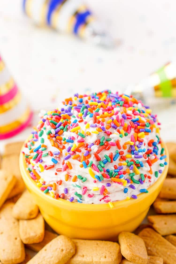 This Funfetti Birthday Cake Dip is perfect for serving up at parties or enjoying by yourself when a craving strikes! Ready in just 5 minutes and made with cake mix, cream cheese, cool whip, and rainbow sprinkles!