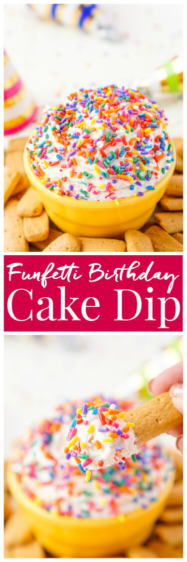 This Funfetti Birthday Cake Dip is perfect for serving up at parties or enjoying by yourself when a craving strikes! Ready in just 5 minutes and made with cake mix, cream cheese, cool whip, and rainbow sprinkles! via @sugarandsoulco
