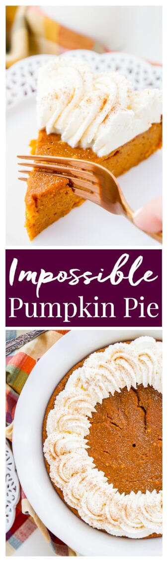 This Impossible Pumpkin Pie Recipe is actually the easiest pumpkin pie you'll ever make! As it bakes, it forms a light crust on its own and leaves behind a dense, but creamy pumpkin filling. Top it with whipped cream and it's the perfect fall dessert! via @sugarandsoulco