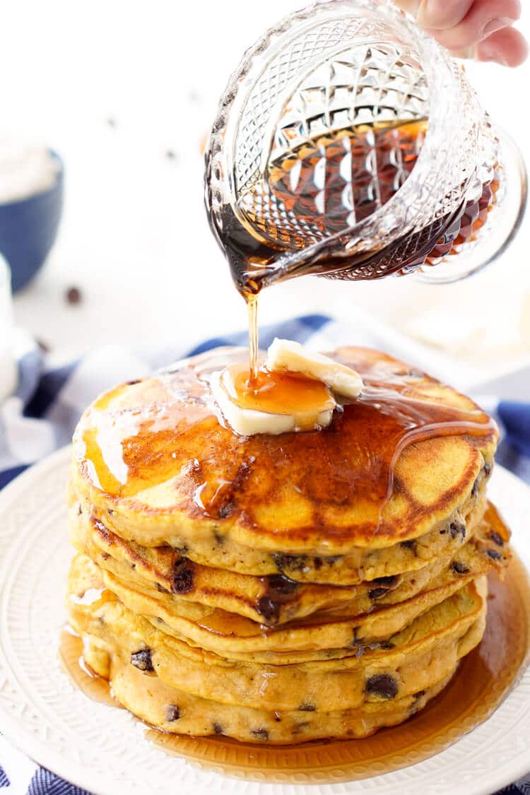 These Pumpkin Chocolate Chip Pancakes taste just like the classic fall cookie, except in this case you can drench them in maple syrup, smother them in butter, and eat them for breakfast!