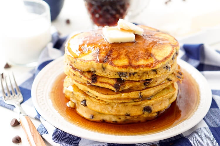 These Pumpkin Chocolate Chip Pancakes taste just like the classic fall cookie, except in this case you can drench them in maple syrup, smother them in butter, and eat them for breakfast!
