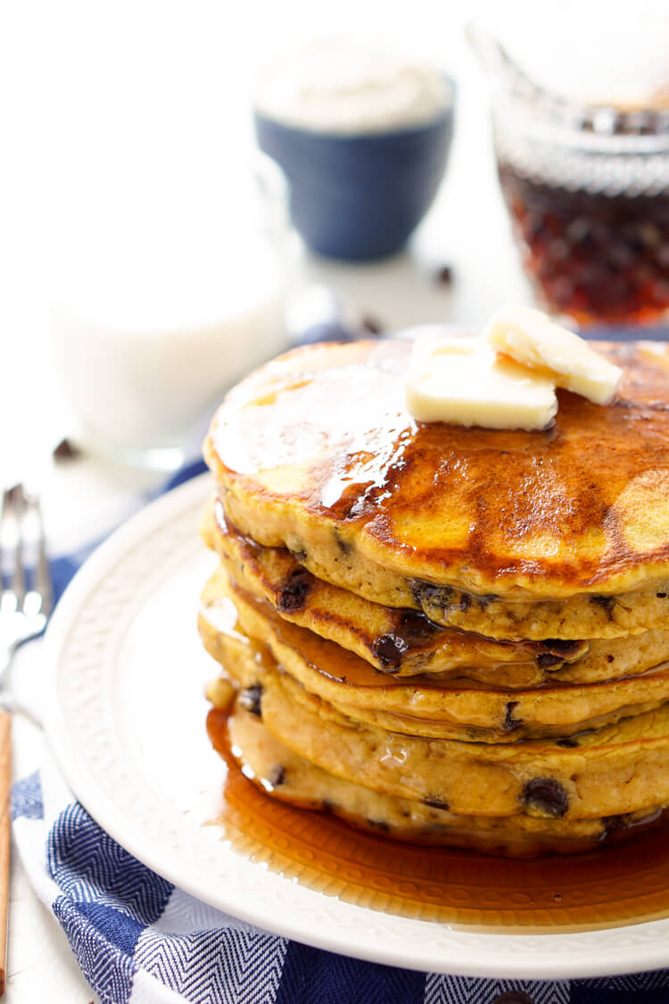 These Pumpkin Chocolate Chip Pancakes taste just like the classic fall cookie, except in this case you can drench them in maple syrup, smother them in butter, and eat them for breakfast!