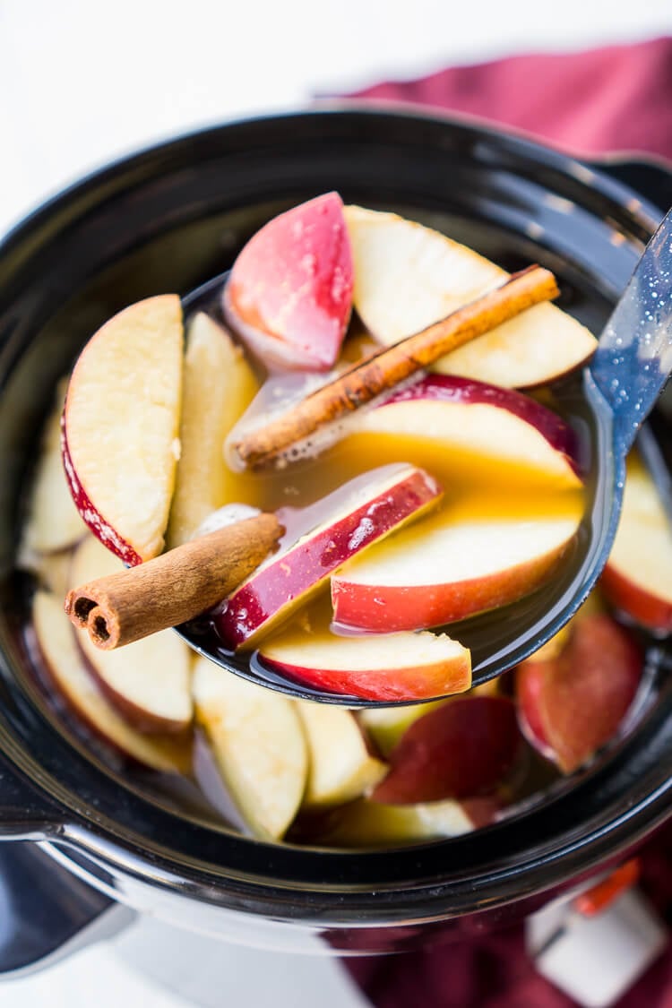 This Crock Pot Apple Cider will make entertaining a breeze this holiday season! Seasoned with cinnamon, apples, and ginger, this cider can simmer in the crock all night long! Keep the spiced rum on the side so guests have a boozy and non-alcoholic option!