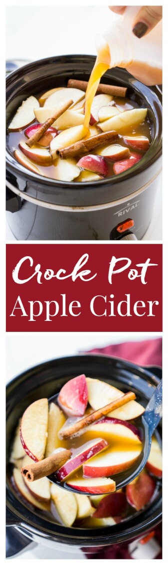 This Crock Pot Apple Cider will make entertaining a breeze this holiday season! Seasoned with cinnamon, apples, and ginger, this cider can simmer in the crock all night long! Keep the spiced rum on the side so guests have a boozy and non-alcoholic option! via @sugarandsoulco