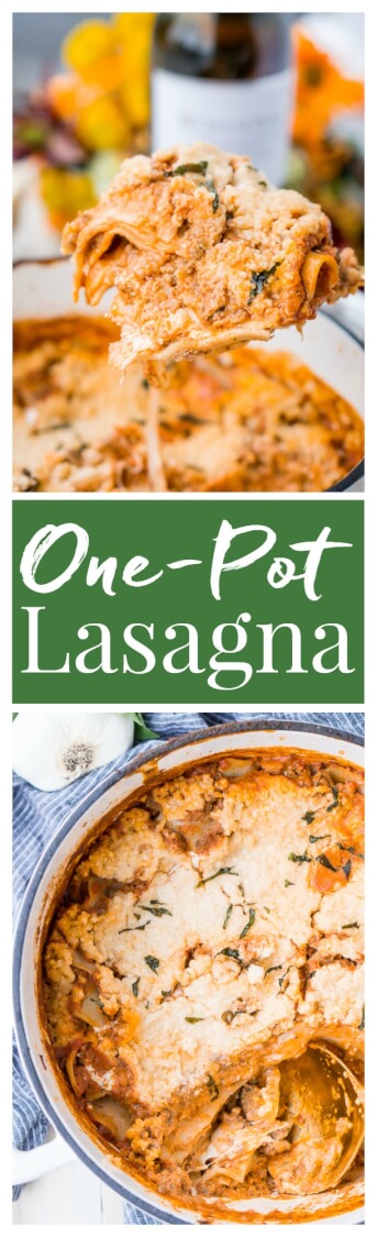 This Easy One Pot Lasagna is a cozy and comforting dish you can make in your dutch oven in under an hour. A delicious meat sauce, oven-ready pasta, and three different kinds of cheese with a hint of basil and red pepper flakes make this a dish you'll want to make again and again! via @sugarandsoulco