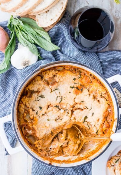 This Easy One Pot Lasagna is a cozy and comforting dish you can make in your dutch oven in under an hour. A delicious meat sauce, oven-ready pasta, and three different kinds of cheese with a hint of basil and red pepper flakes make this a dish you'll want to make again and again!