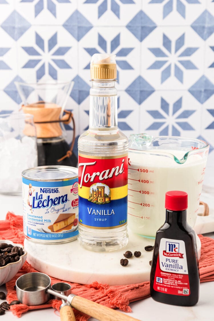 Ingredients to make storebought vanilla creamer on a table.