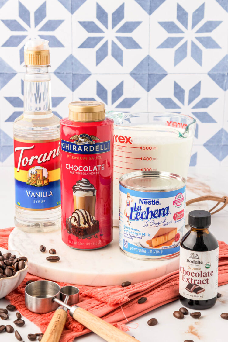 Ingredients to make chocolate coffee creamer on a table.