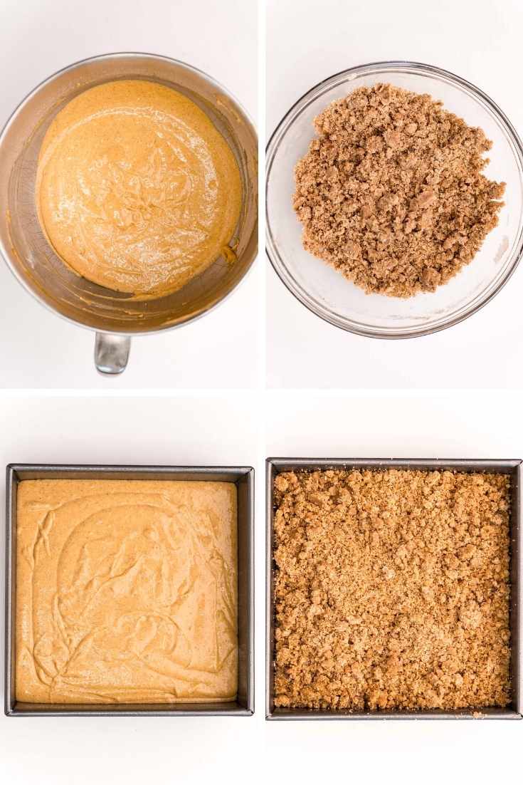 Step by step photo collage showing how to make pumpkin coffee cake.