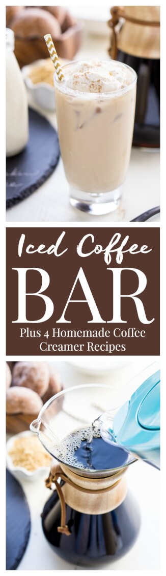 This Iced Coffee Bar is a must have at any get-together! Mix up the four homemade coffee creamer recipes so your guests can really indulge in their cup of joe! via @sugarandsoulco