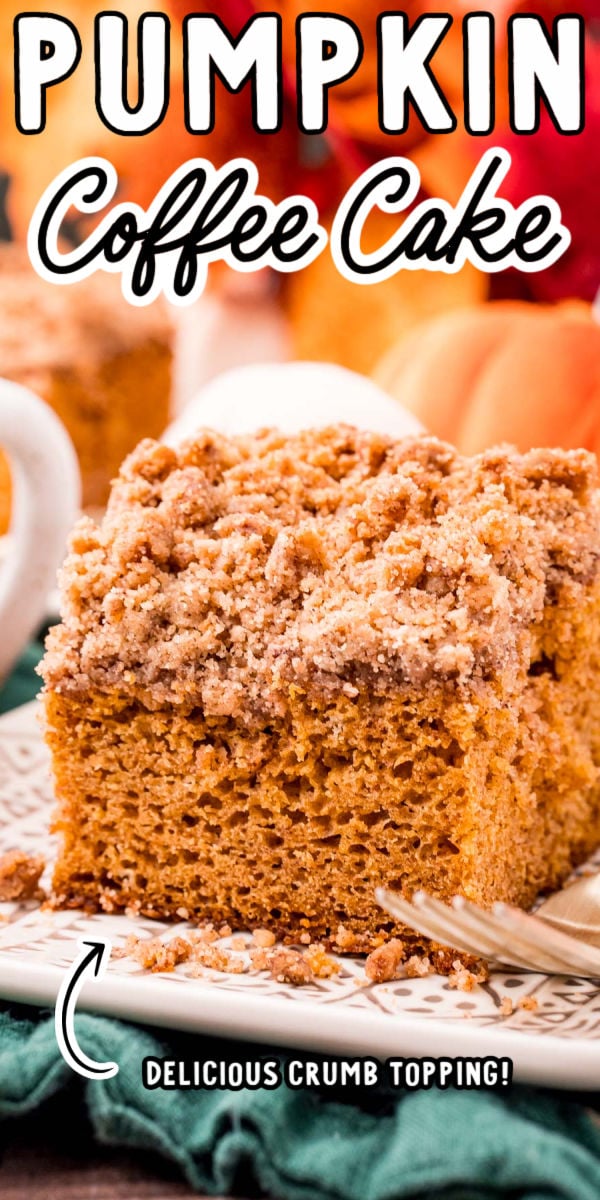 Pumpkin Coffee Cake is made with a box pound cake mix and vanilla creamer then topped with spicy butter crumble! Only 15 minutes of prep time is needed to make this light and fluffy cake! via @sugarandsoulco