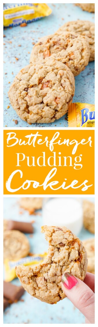 These Butterfinger Pudding Cookies are everything you love about the classic candy bar in a chewy, buttery, sweet cookie! via @sugarandsoulco