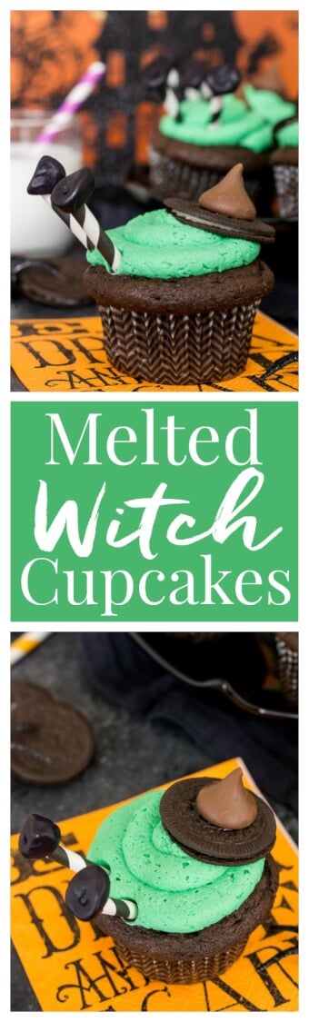 These Melted Witch Cupcakes are fun, cute, and delicious! They're easy to build and the perfect way to bring the Halloween spirit to life at your party! via @sugarandsoulco