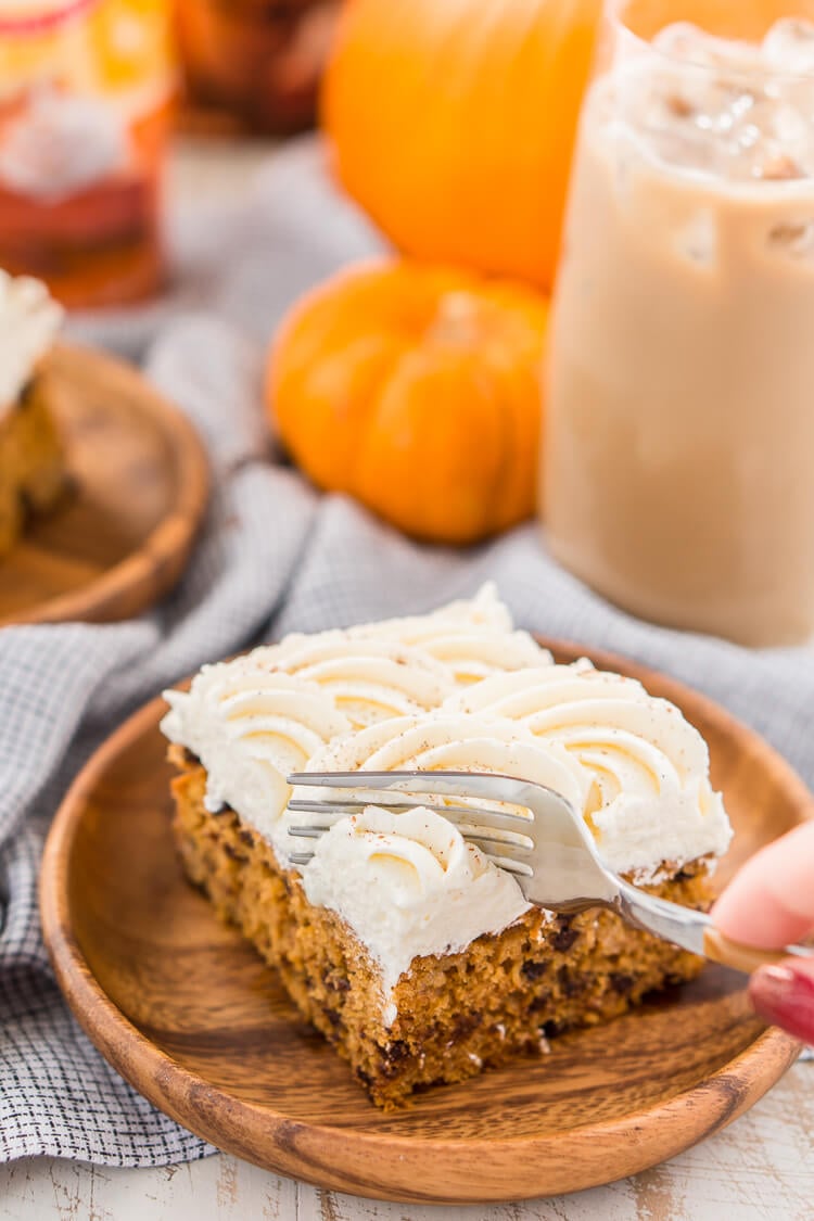 This Pumpkin Chocolate Chip Poke Cake is a deliciously seasonal dessert that's great for potlucks and family gatherings. A dense pumpkin spice cake soaked in sweetened condensed milk and loaded with chocolate chips is topped with a fluffy cheesecake frosting and dusted with cinnamon!